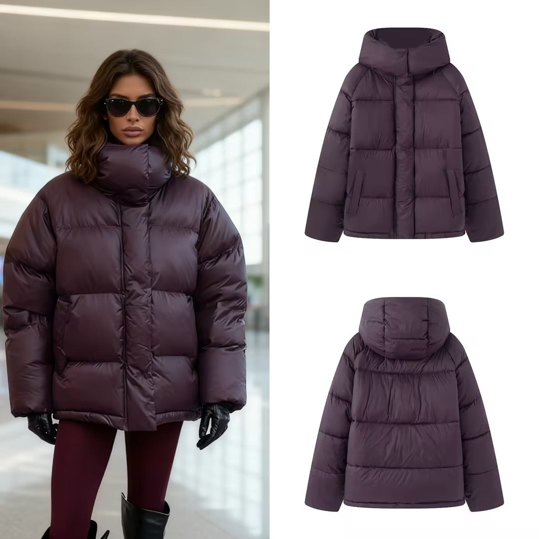 Women's Boxy Quilted Jacket with High Collar, Hood and Concealed Fastening Mune Fashion