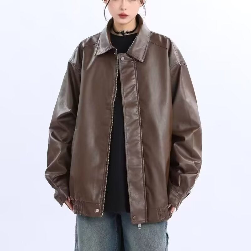 Women's Oversized Faux Leather Blouson with Elastic Hem and Shirt Collar Mune Fashion