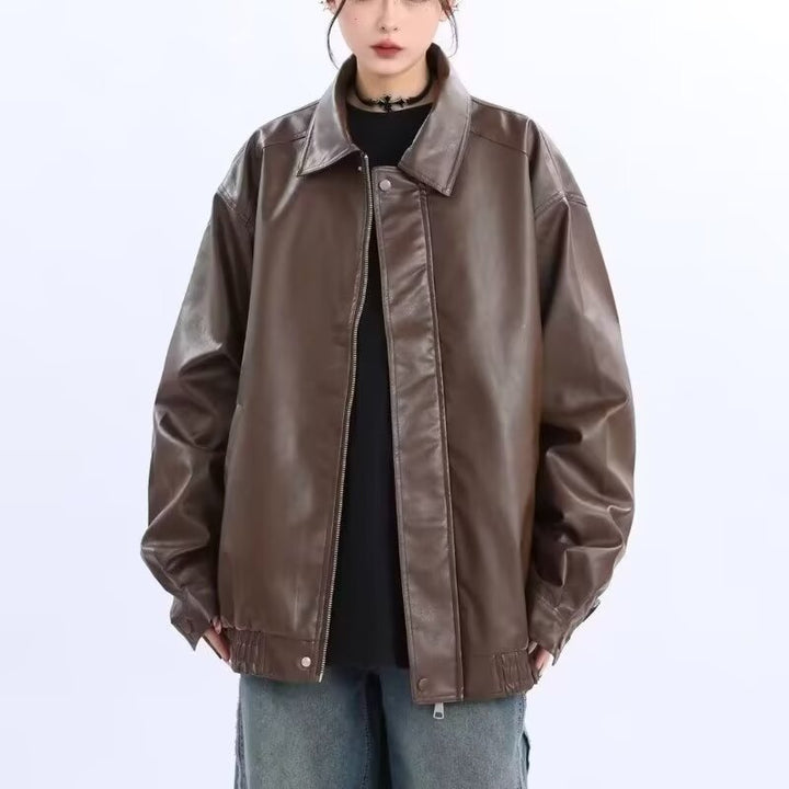 Women's Oversized Faux Leather Blouson with Elastic Hem and Shirt Collar Mune Fashion