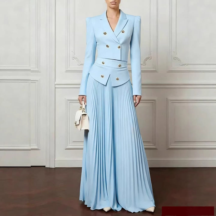 Women Two-Piece Fitted Suit with Double-Breasted Blazer and Pleated Maxi Skirt Mune Fashion