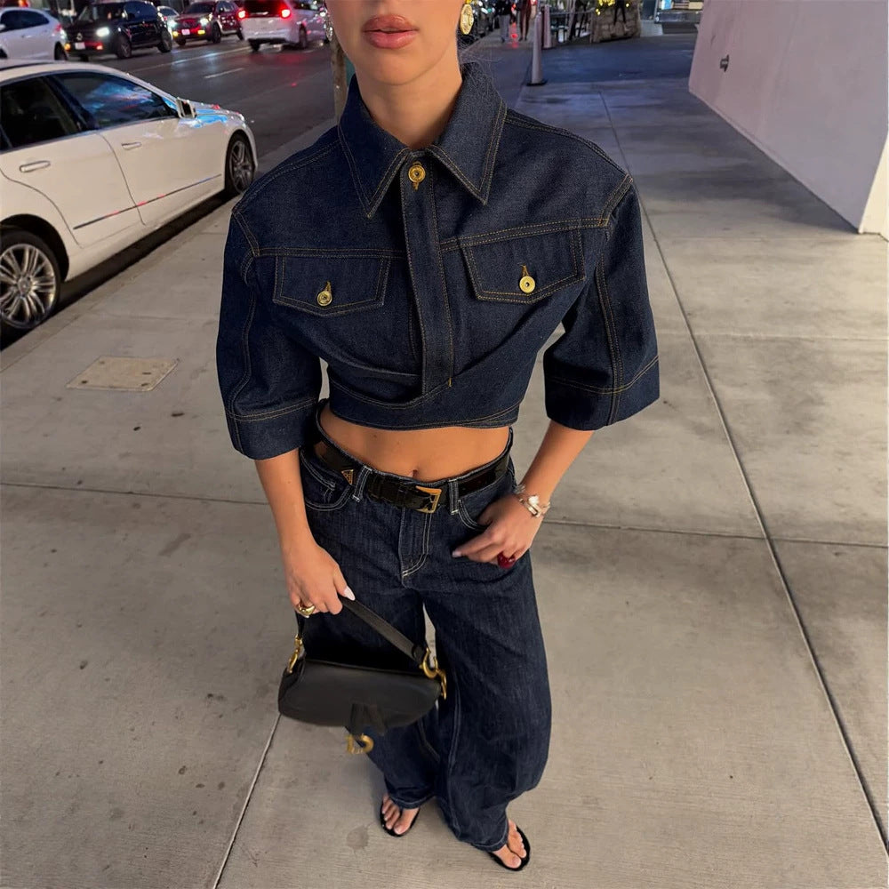 Women's cropped denim jacket with boxy silhouette, flap pockets, and shortened waistline Mune Fashion