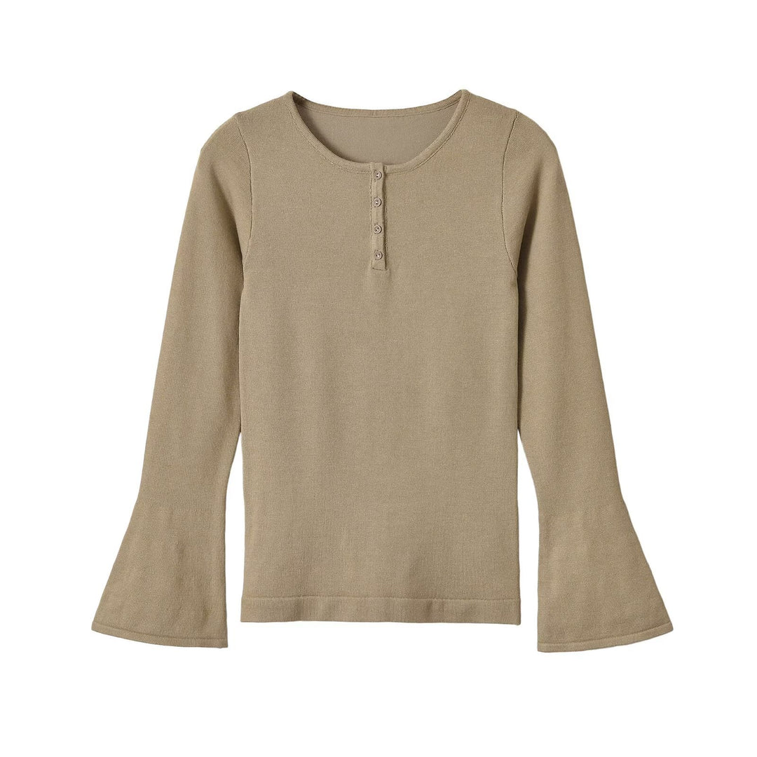 Women's fine knit long sleeve with Henley button placket and flared trumpet sleeves Mune Fashion