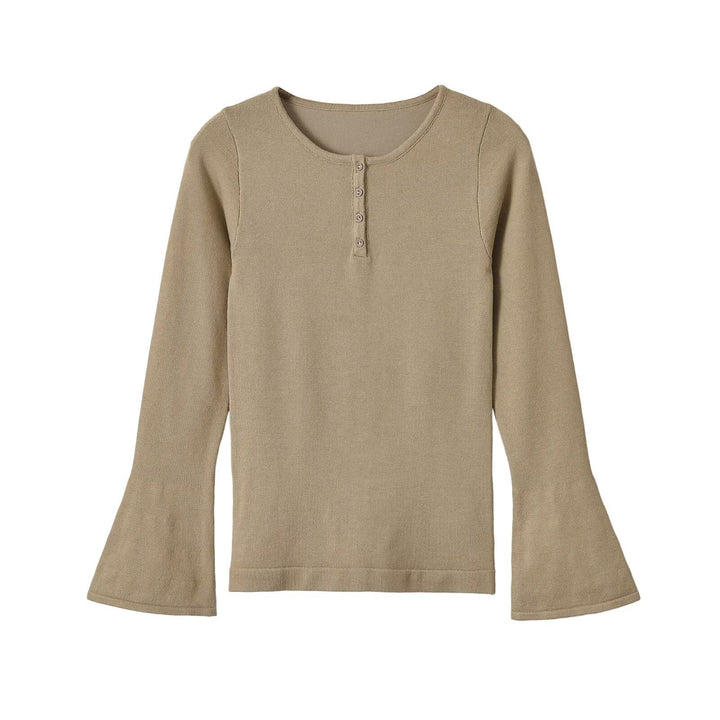 Women's fine knit long sleeve with Henley button placket and flared trumpet sleeves Mune Fashion
