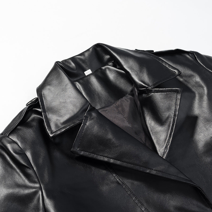 Women Longer Faux Leather Trench Coat with Waist Belt and Epaulettes Mune Fashion