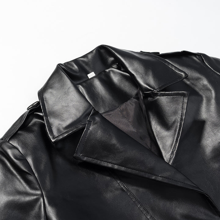 Women Longer Faux Leather Trench Coat with Waist Belt and Epaulettes Mune Fashion