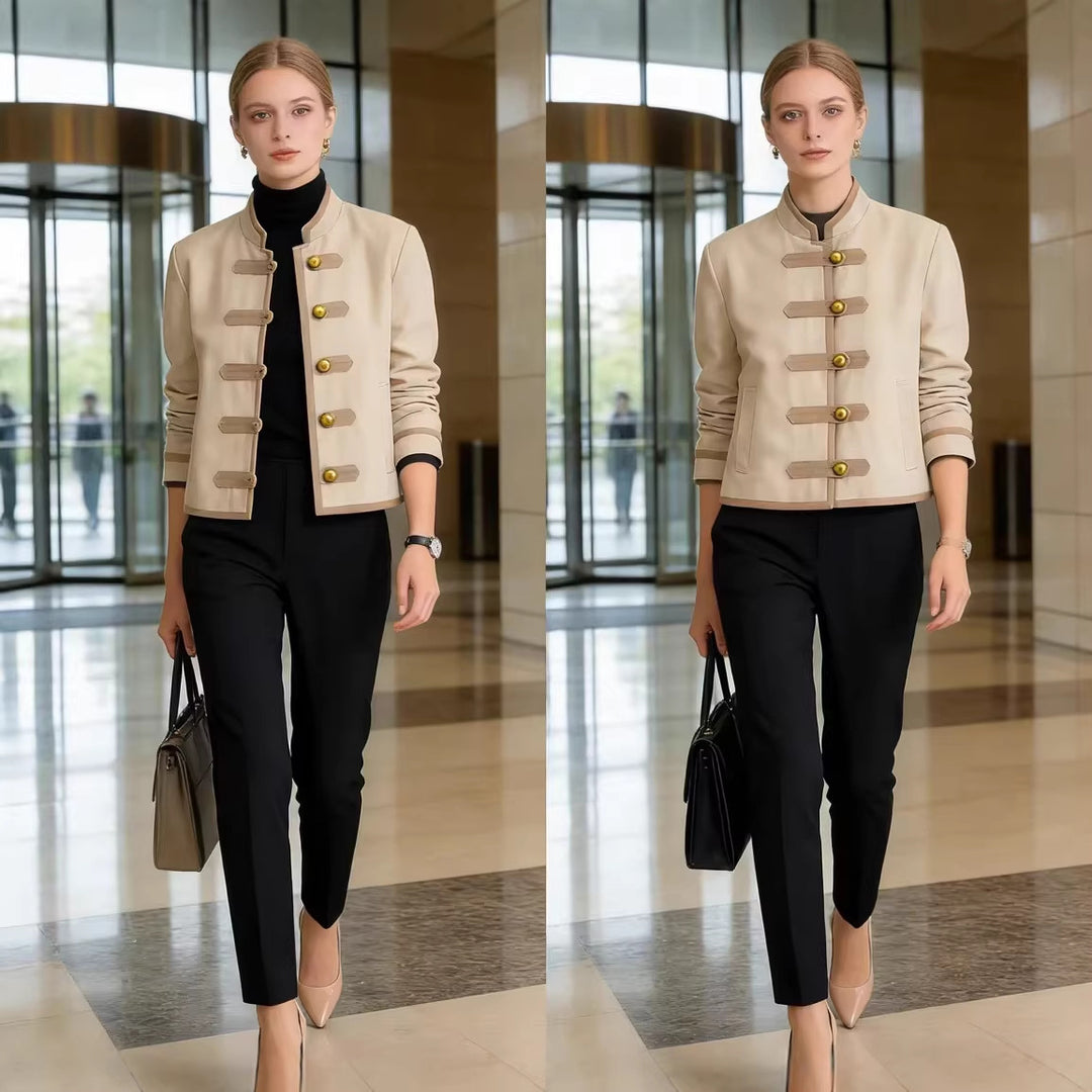 Ladies short jacket with mandarin collar and decorative toggle closures Mune Fashion