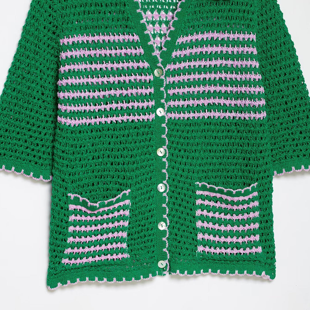 Ladies crochet cardigan with short sleeves, button placket and vintage collar Mune Fashion