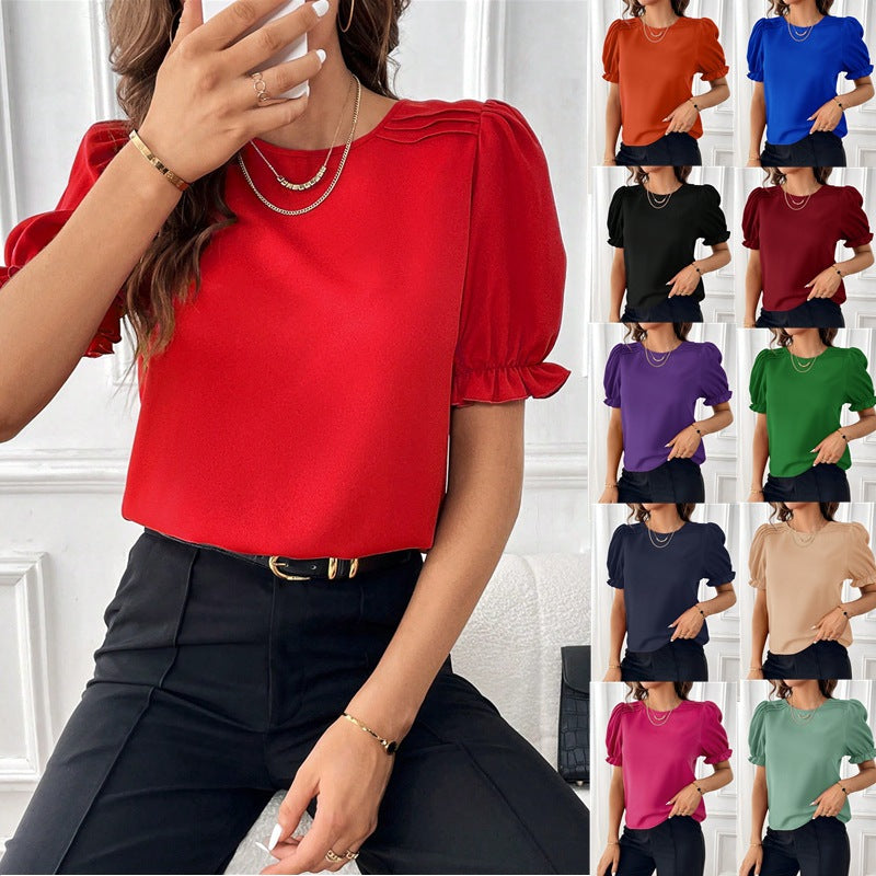 Ladies Elegant Chiffon Blouse with Puff Sleeves and Decorative Shoulder Pleats Mune Fashion