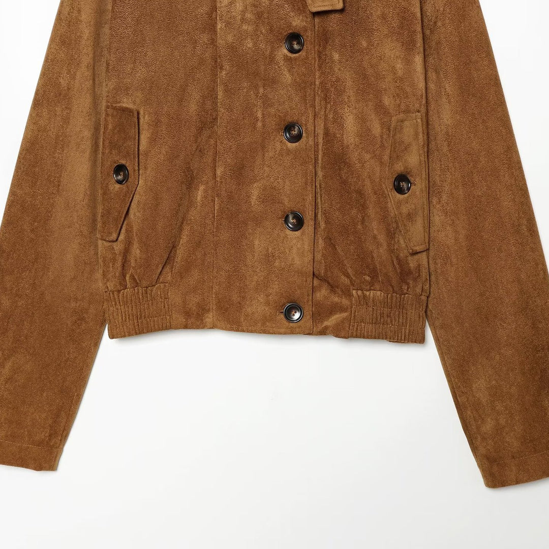 Women's short blouse jacket made of velour suede with button placket, concealed zipper, and elastic hem Mune Fashion