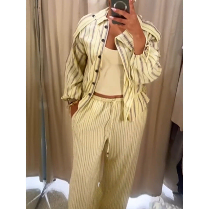 Women Striped Two-Piece Loungewear Set with Oversized Shirt Jacket and Drawstring Pants Mune Fashion