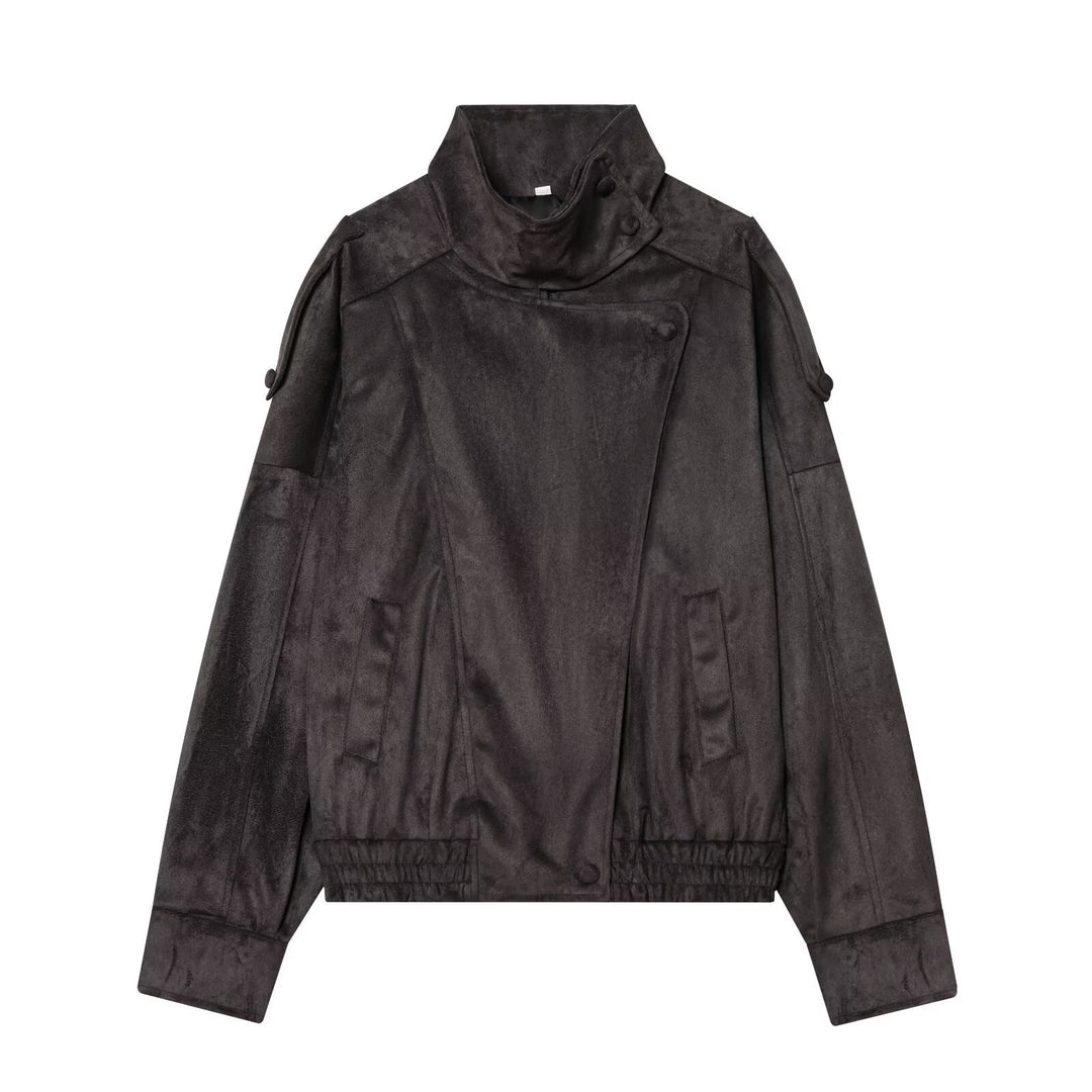 Ladies Short Velvet-Look Bomber Jacket with High Stand-Up Collar and Asymmetrical Button Placket Mune Fashion