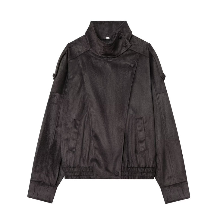 Ladies Short Velvet-Look Bomber Jacket with High Stand-Up Collar and Asymmetrical Button Placket Mune Fashion