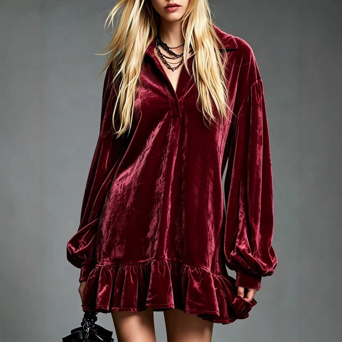 Ladies Velvet Mini Dress with Ruffled Hem, Balloon Sleeves and Shirt Collar Mune Fashion