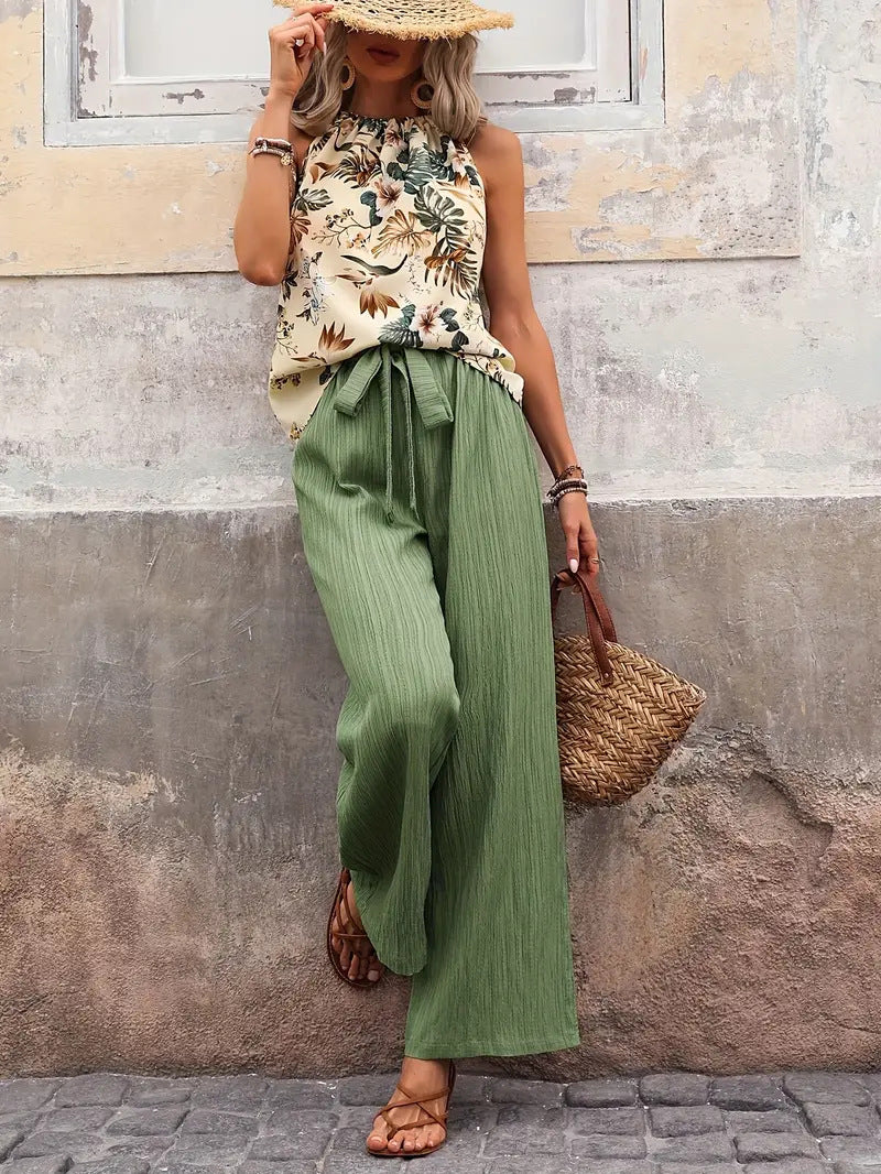 Women wide linen pants with drawstring and pleat look Mune Fashion