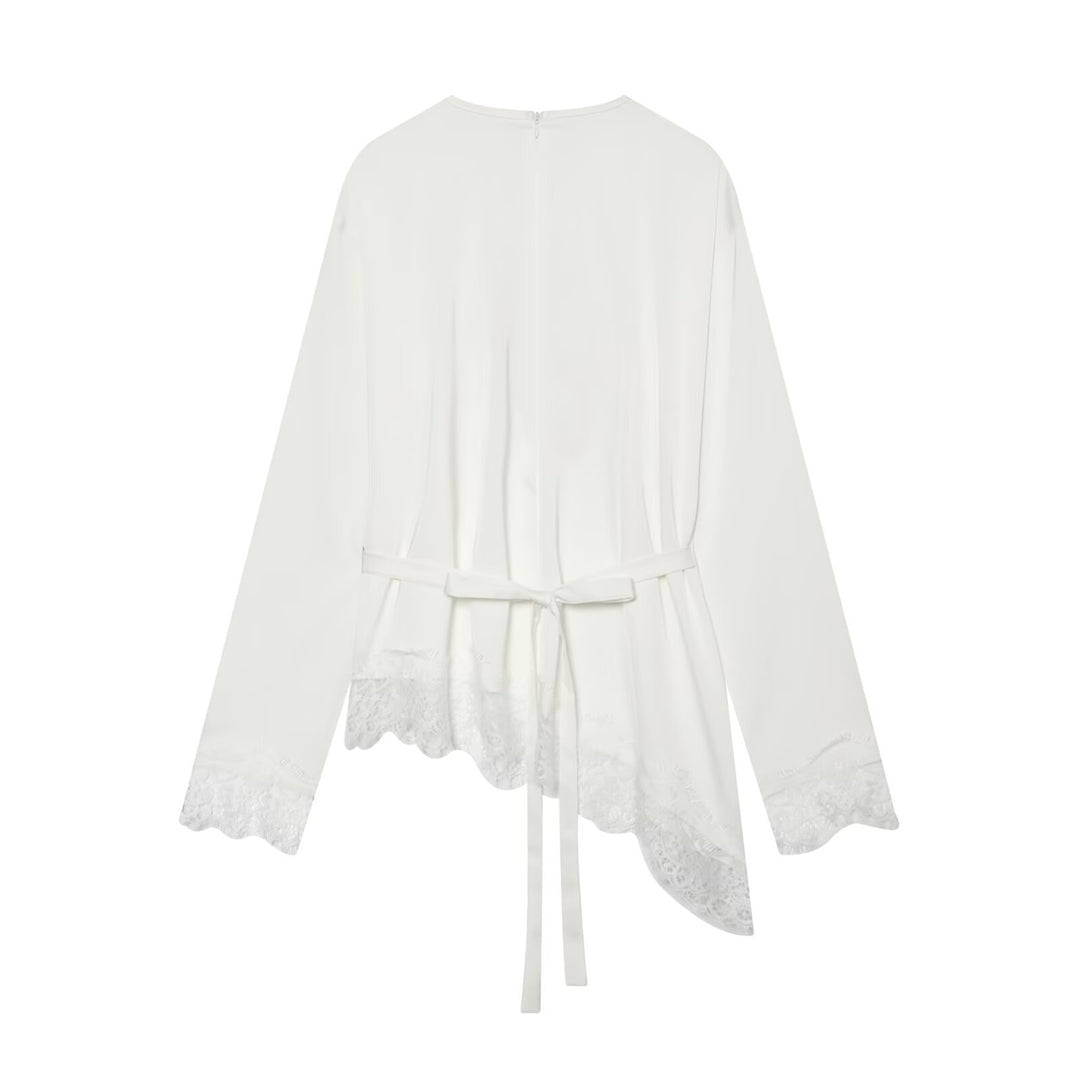 Women Asymmetrical Long Sleeve Blouse with Lace Trim and Round Neckline Mune Fashion