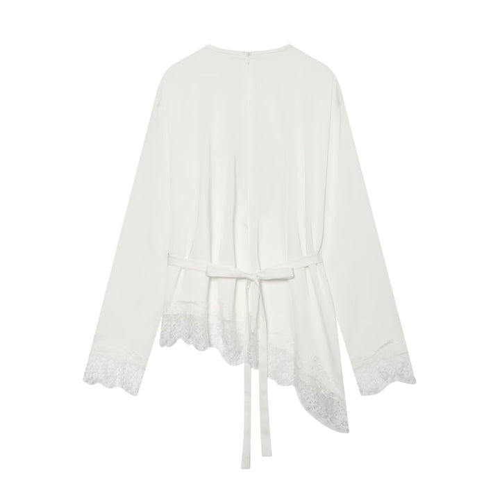 Women Asymmetrical Long Sleeve Blouse with Lace Trim and Round Neckline Mune Fashion