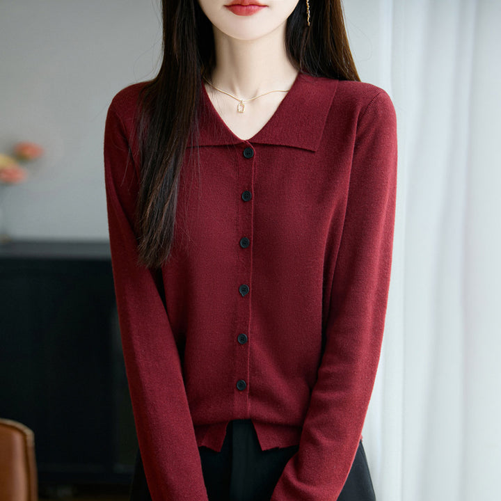 Women's Lightweight Fine Knit Cardigan with Wide Shirt Collar and Front Button Placket Mune Fashion