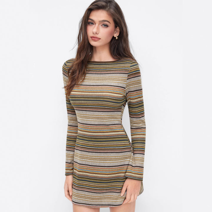 Women's Long Sleeve Mini Dress with Stripes Mune Fashion