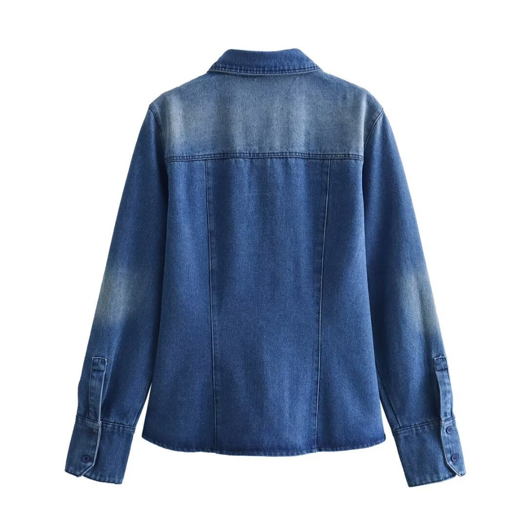 Women's light vintage denim blouse in relaxed fit with patch breast pocket and continuous button placket Mune Fashion