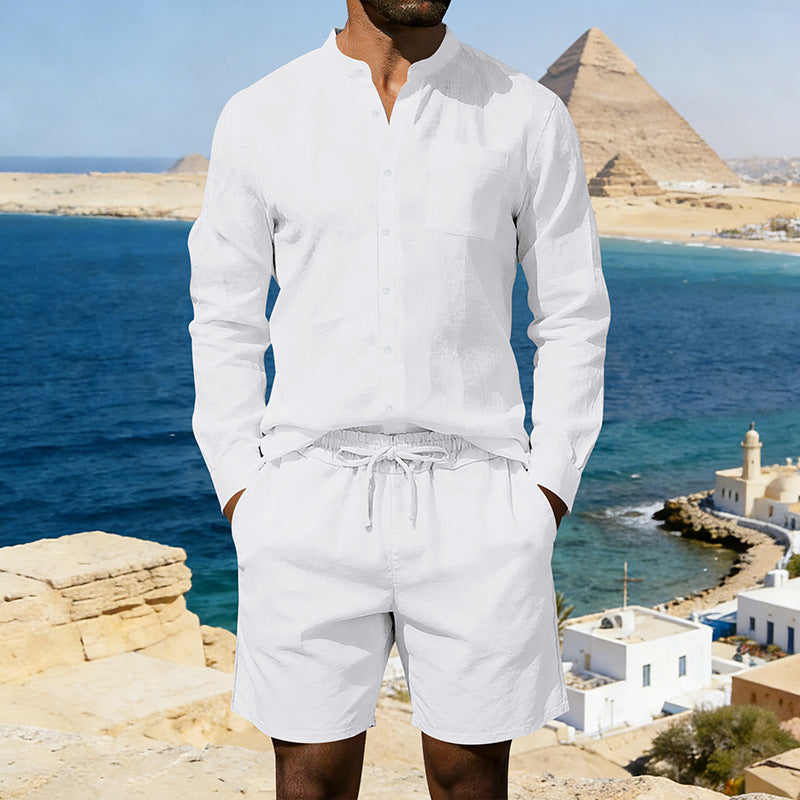 Men's casual linen set with stand collar shirt and drawstring shorts Mune Fashion
