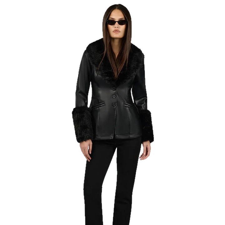 Women's Tailored Faux Leather Midi Coat with Wiener Seams, Voluminous Faux Fur Shawl Collar & Fur Cuffs Mune Fashion