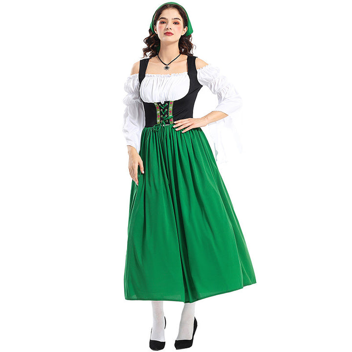 Ladies' Renaissance peasant dress with laced bodice, off-the-shoulder Carmen top, and wide skirt Mune Fashion