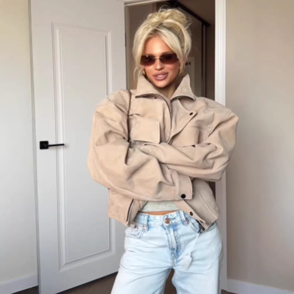 Women Oversize Suede Look Jacket with Flap Pockets and Stand-Up Collar Mune Fashion