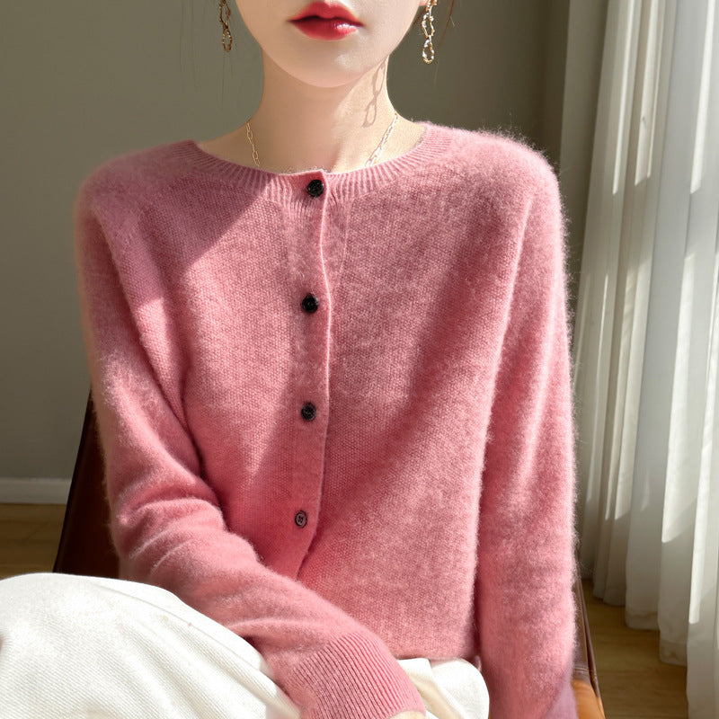 Women's Short-Cut Fine Knit Cardigan with Round Neck and Shimmering Button Placket Mune Fashion