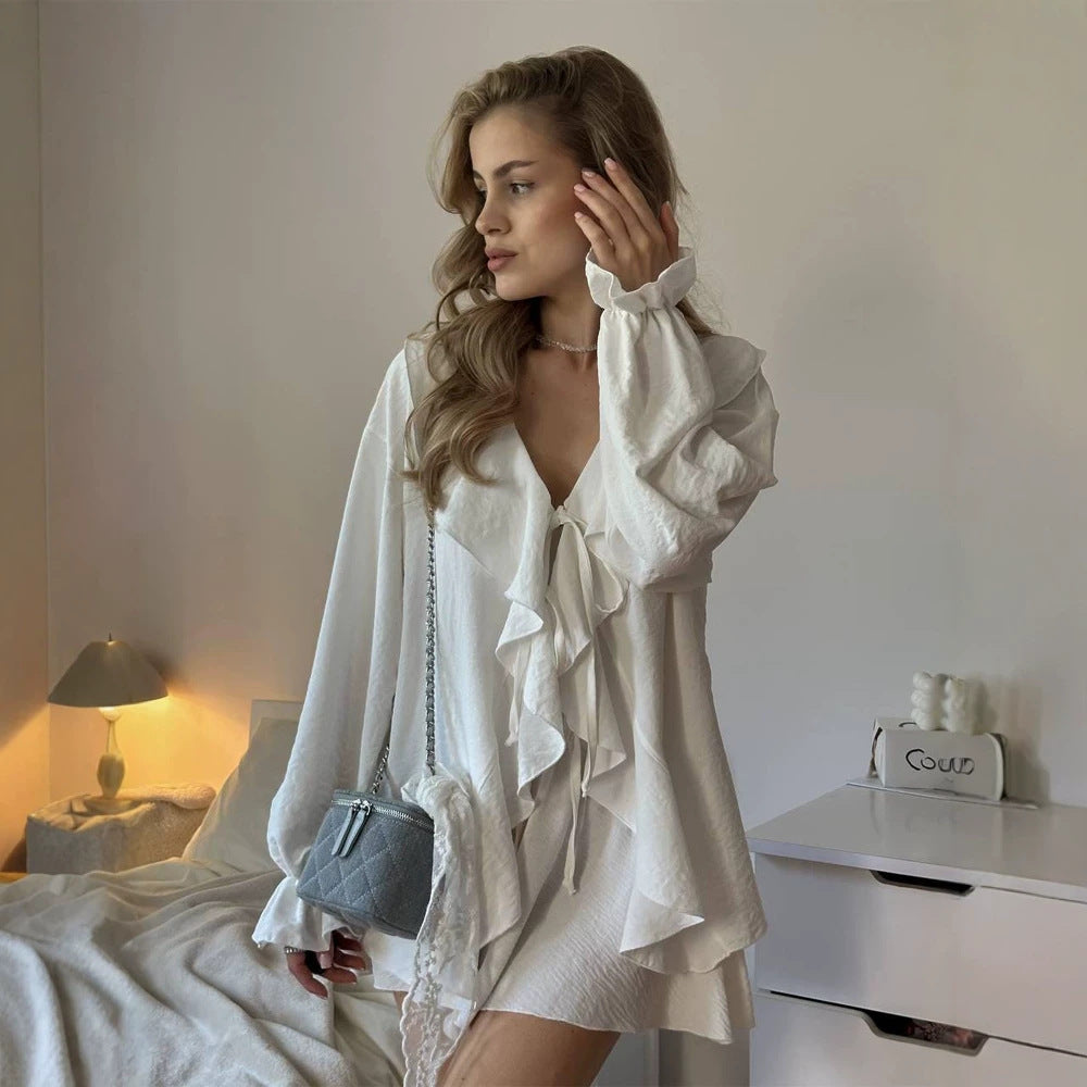 Women's Playful Ruffle Set made of lightweight Crepe Quality with Tie Blouse and A-Line Mini Skirt Mune Fashion