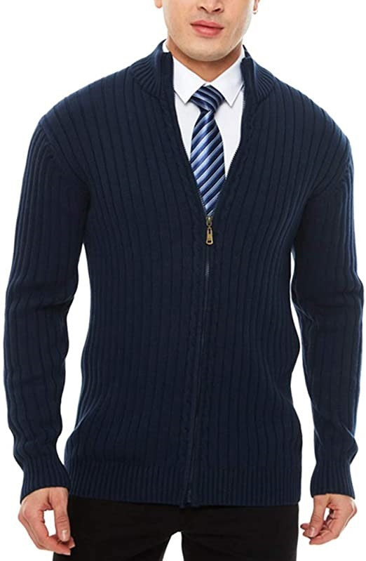 Men's fine-knit cardigan with full-length zipper, stand-up collar, and distinctive ribbed texture Mune Fashion