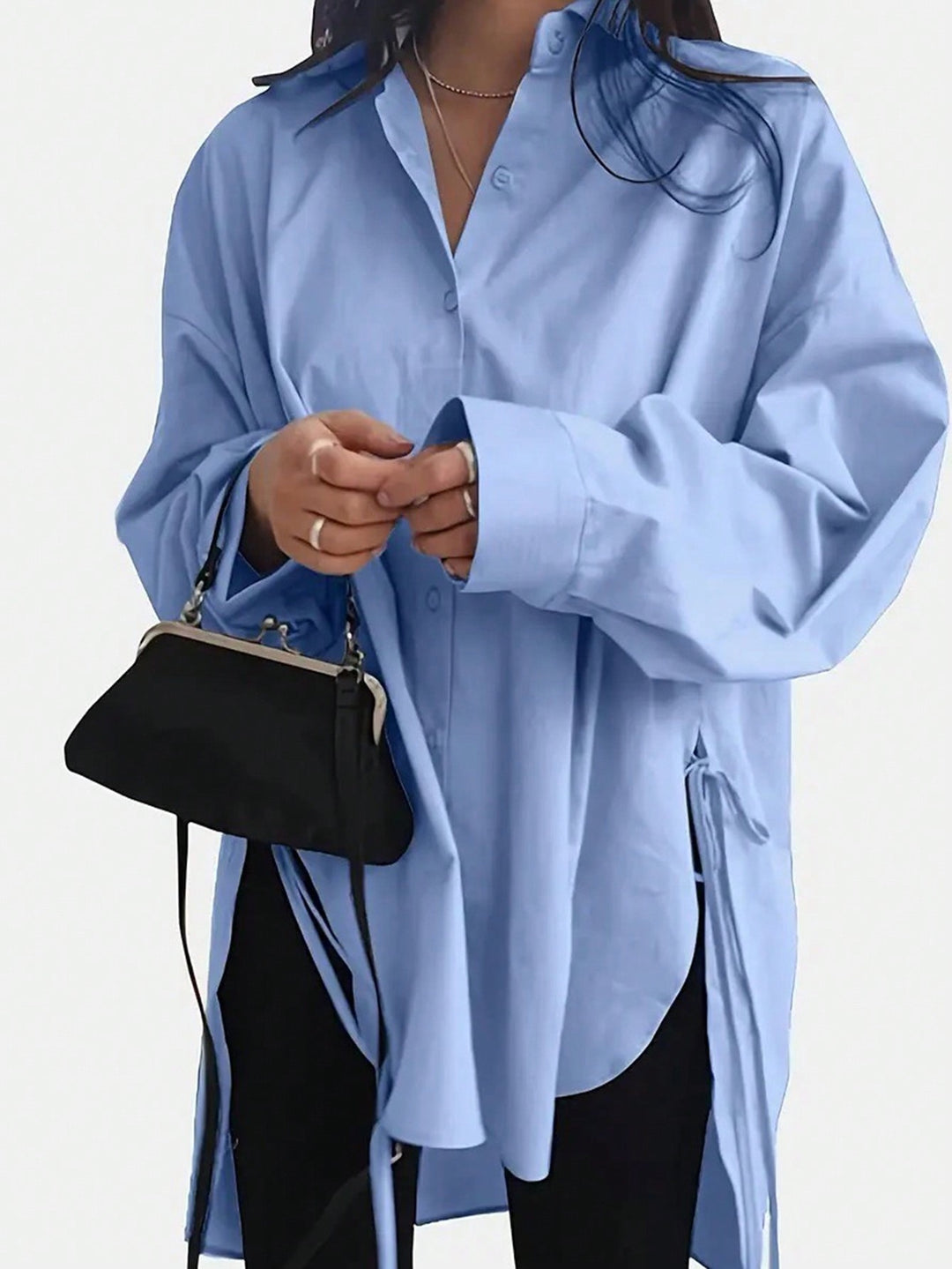 Women Oversized Long Blouse with Drawstring and Wide Cuff Sleeve