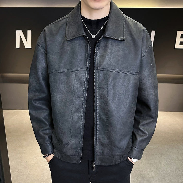 Men's Oversized Velour-Look Transitional Blouson with Shirt Collar, Zipper & Elastic Hem