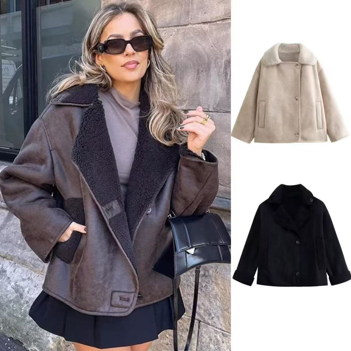 Ladies nan short winter jacket with soft teddy lining, wrap collar and button placket Mune Fashion