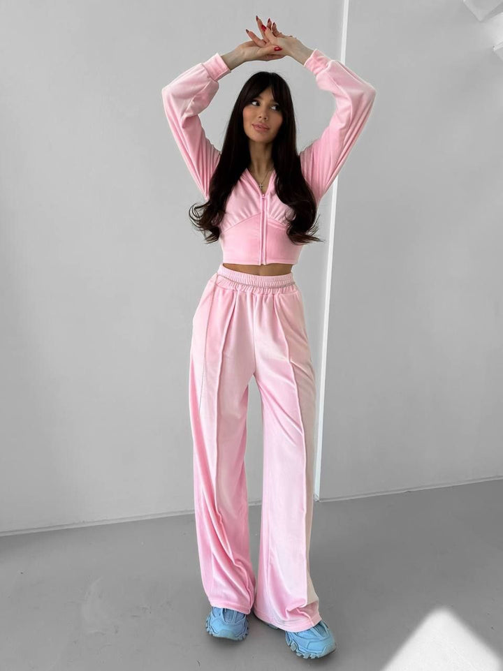 Women's short hooded cropped zip sweatshirt with tailored chest hem and wide velour lounge pants with elastic waistband Mune Fashion