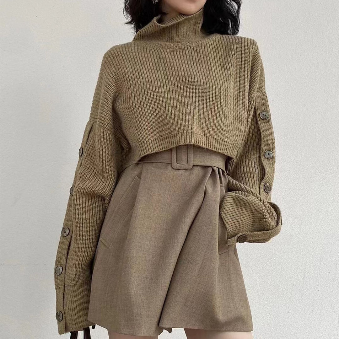Women Short-Cut Turtleneck Bolero Wrap with Long Sleeve Buttons Mune Fashion
