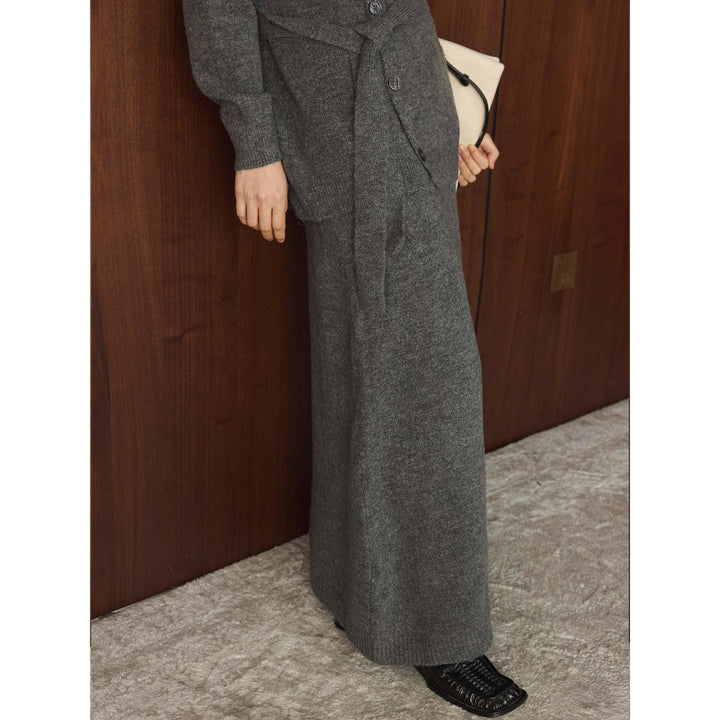Women's Buttoned Knit Coat with Ties and Maxi Skirt Mune Fashion