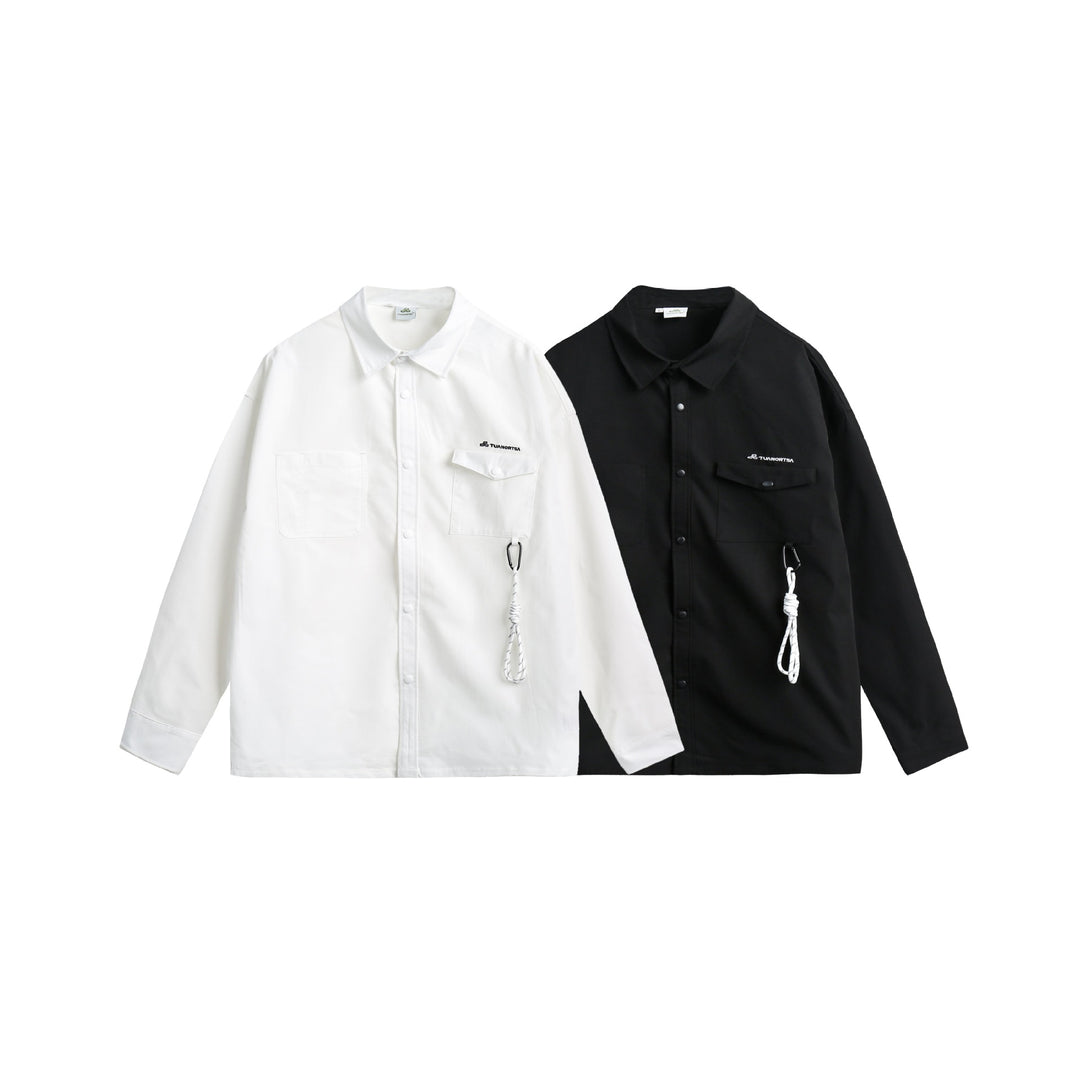 Unisex overshirt jacket in utility style with snap button placket and carabiner detail Mune Fashion
