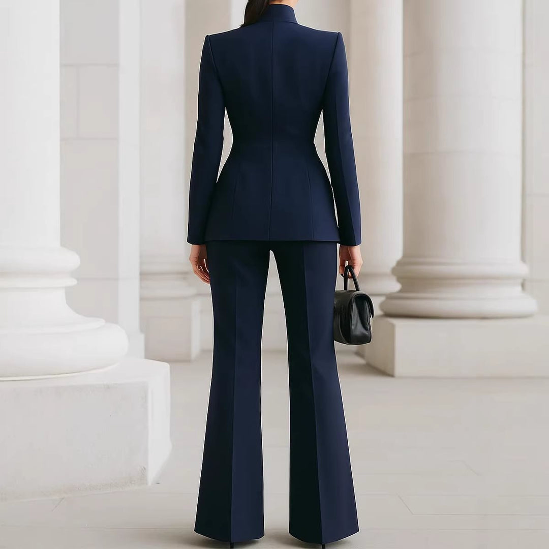 Women Tailored Blazer with Stand Collar and High-Waist Flared Pants Mune Fashion