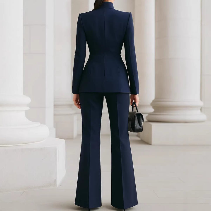 Women Tailored Blazer with Stand Collar and High-Waist Flared Pants Mune Fashion