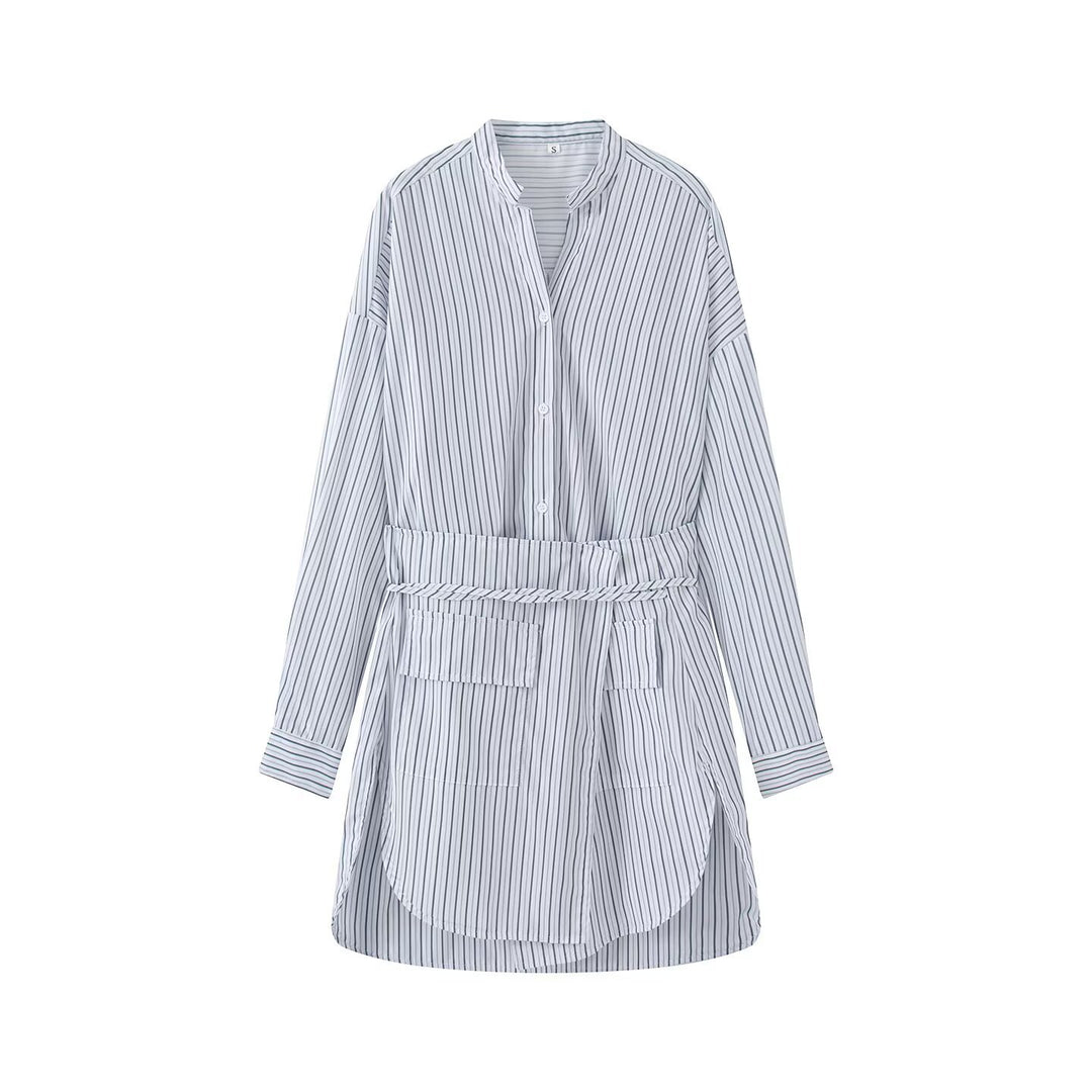 Women's shirt dress with belted waist, mandarin collar, and patch pockets Mune Fashion