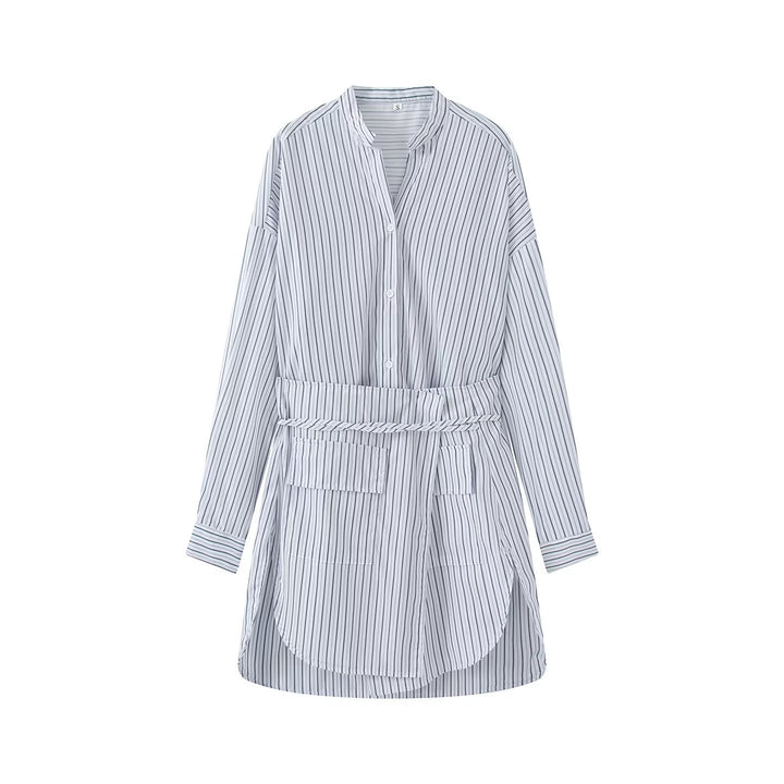 Women's shirt dress with belted waist, mandarin collar, and patch pockets Mune Fashion