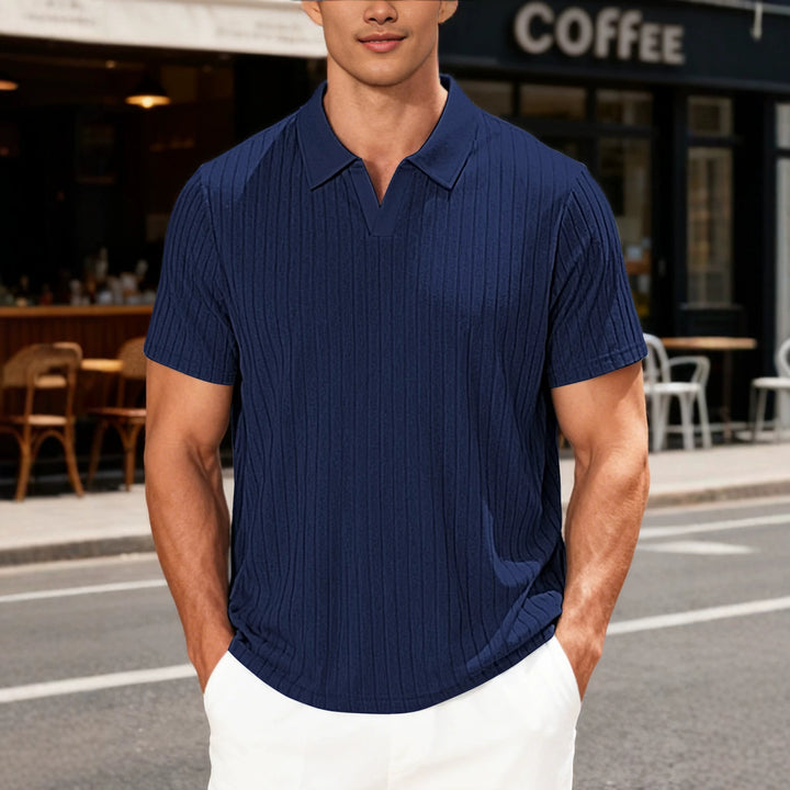 Men's Ribbed Short Sleeve Polo Shirt with V-Neck and Open Collar