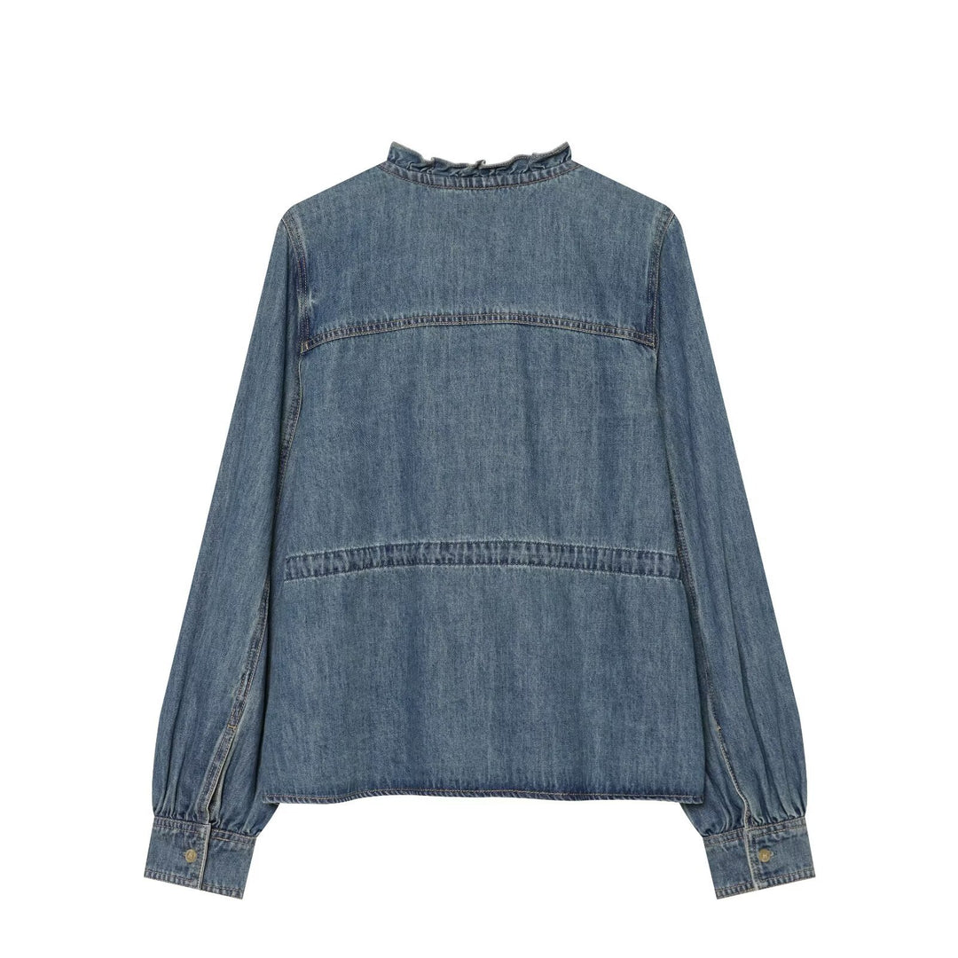 Women’s denim blouse with flounce button placket, drawstring waist and ruffle collar Drune