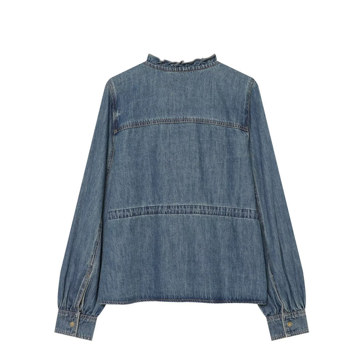 Women’s denim blouse with flounce button placket, drawstring waist and ruffle collar Drune