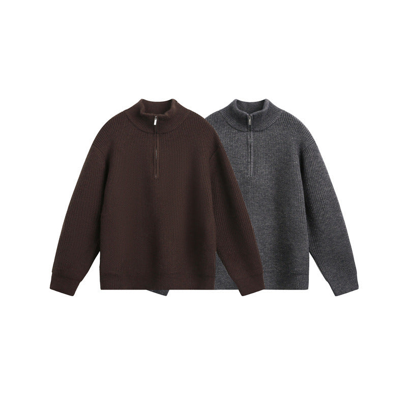 Unisex chunky knit pullover with half zipper and stand-up collar Mune Fashion