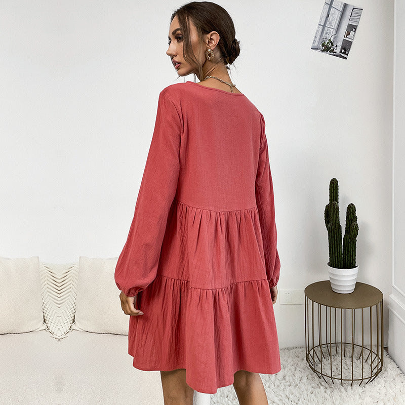 Women's Loose Cord Ruffle Dress with Tiered Skirt & Decorative Button Placket Mune Fashion
