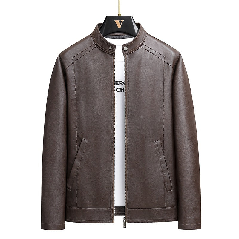 Men's Simple Faux Leather City Jacket with Stand Collar, Two-Way Zipper & Side Pockets Mune Fashion