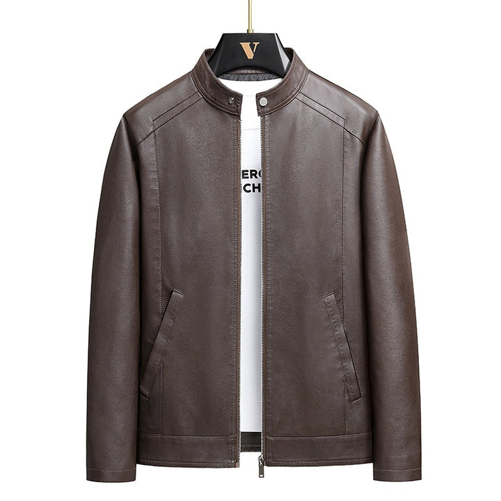 Men's Simple Faux Leather City Jacket with Stand Collar, Two-Way Zipper & Side Pockets Mune Fashion
