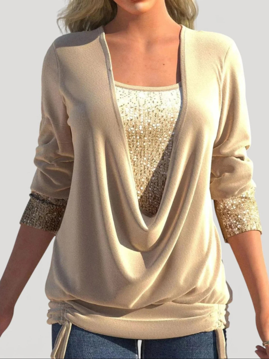 Women's Fashion Draped Sweater with Glitter Accents