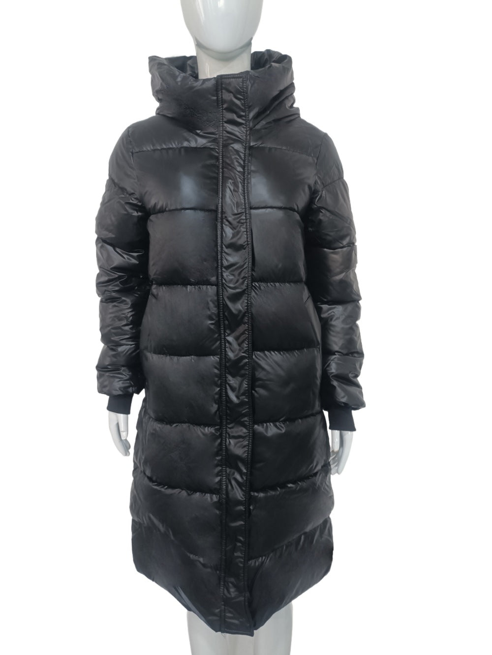 Women Long Puffer Coat with High Stand-Up Collar, Quilted Padding, and Elastic Cuffs Mune Fashion